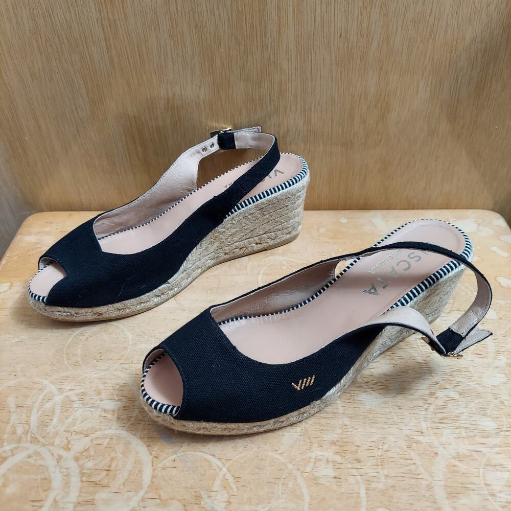Black Espadrille Wedge Slingback Heels